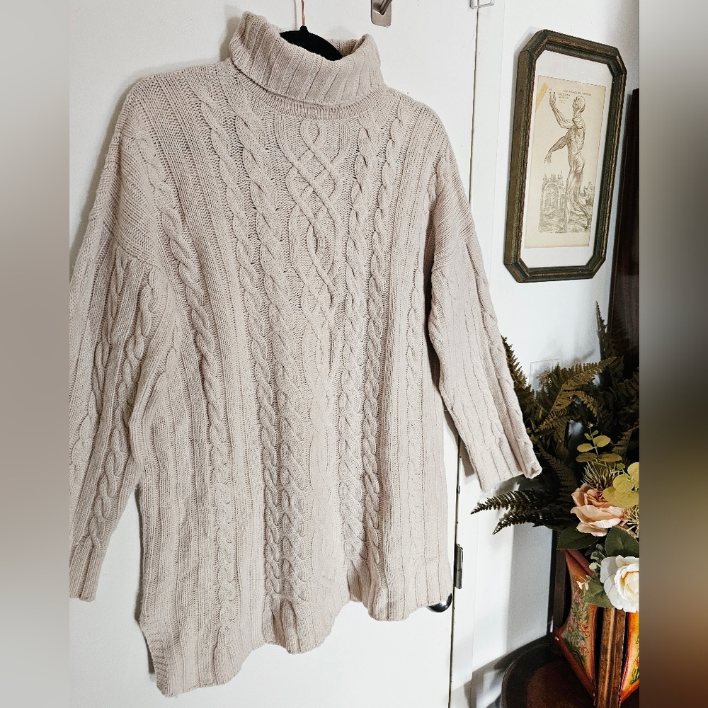 Luxury Cashmere Scottish Hawico Cable Knit Cream Beige Womens Turtleneck Sweater
